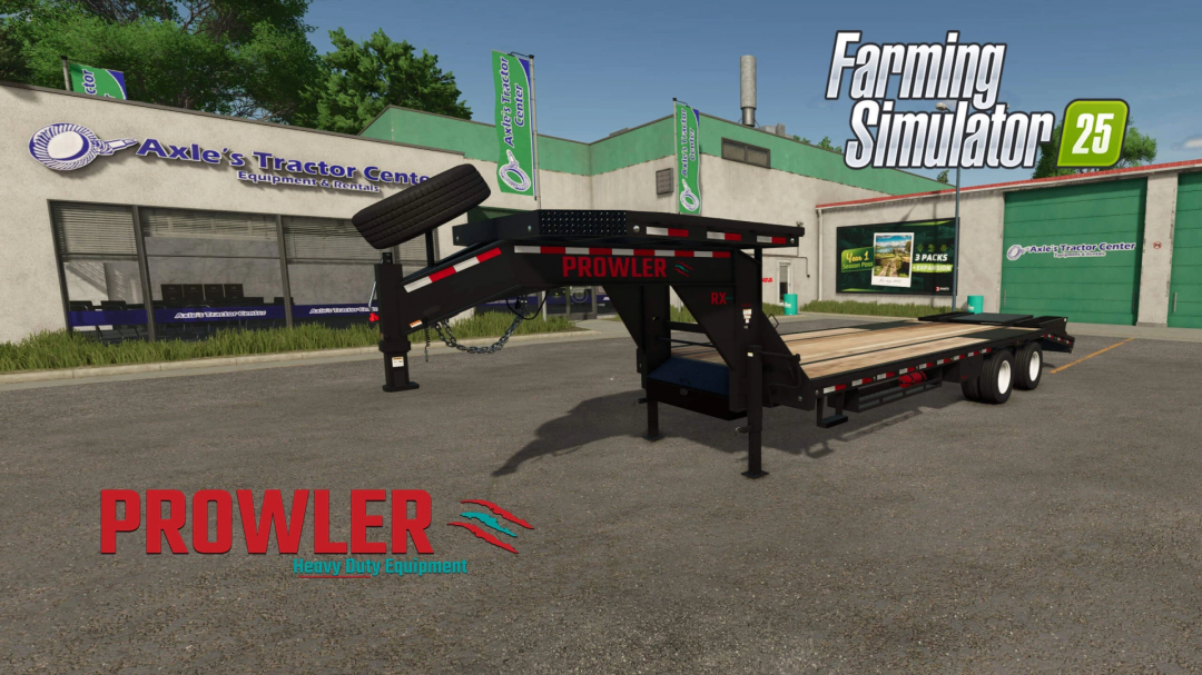 Prowler Gooseneck Trailer mod for Farming Simulator 25 in front of a tractor center.