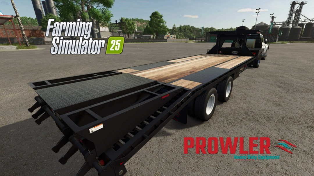 Prowler Gooseneck Trailer mod in Farming Simulator 25, showing a flatbed trailer attached to a truck in a rural setting.