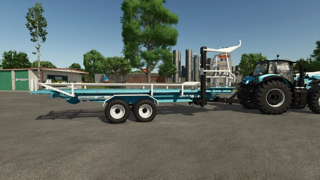 RBM 2000 Dolphin Edition v1.0.0.0 mod for FS25, showcasing a blue trailer attached to a tractor in a farming scene.