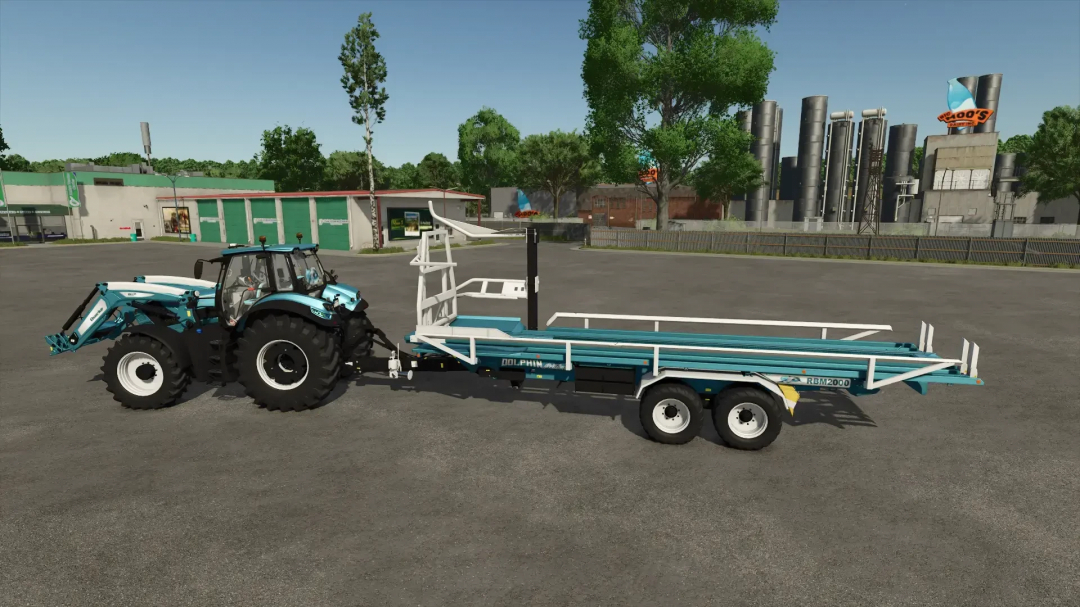 FS25 mod RBM 2000 Dolphin Edition v1.0.0.0, showing a tractor with a turquoise trailer in a farmyard setting.