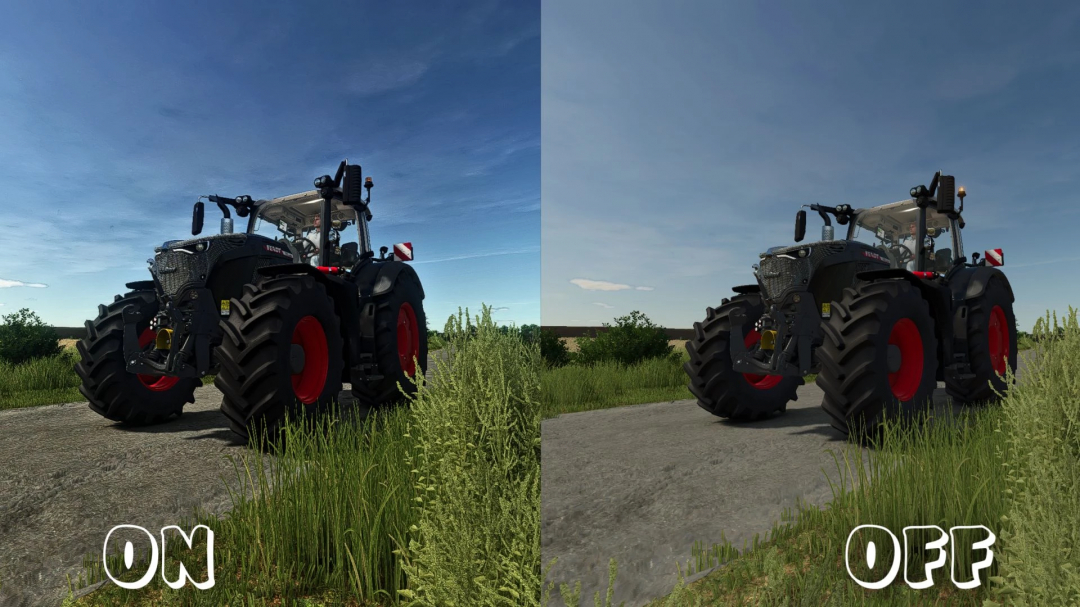 Comparison of RealShader mod for FS25 with effects on and off, showing enhanced graphics on a tractor model.