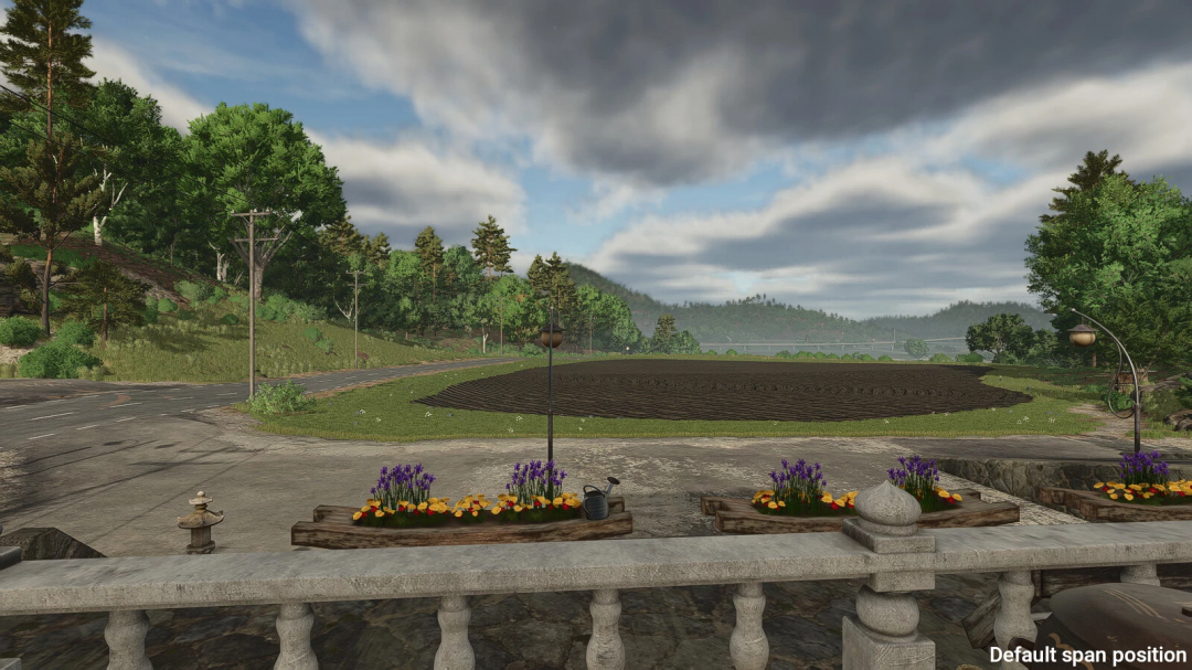 Scenic landscape in FS25 Remember Player Positions mod showing a field with trees and flowers.