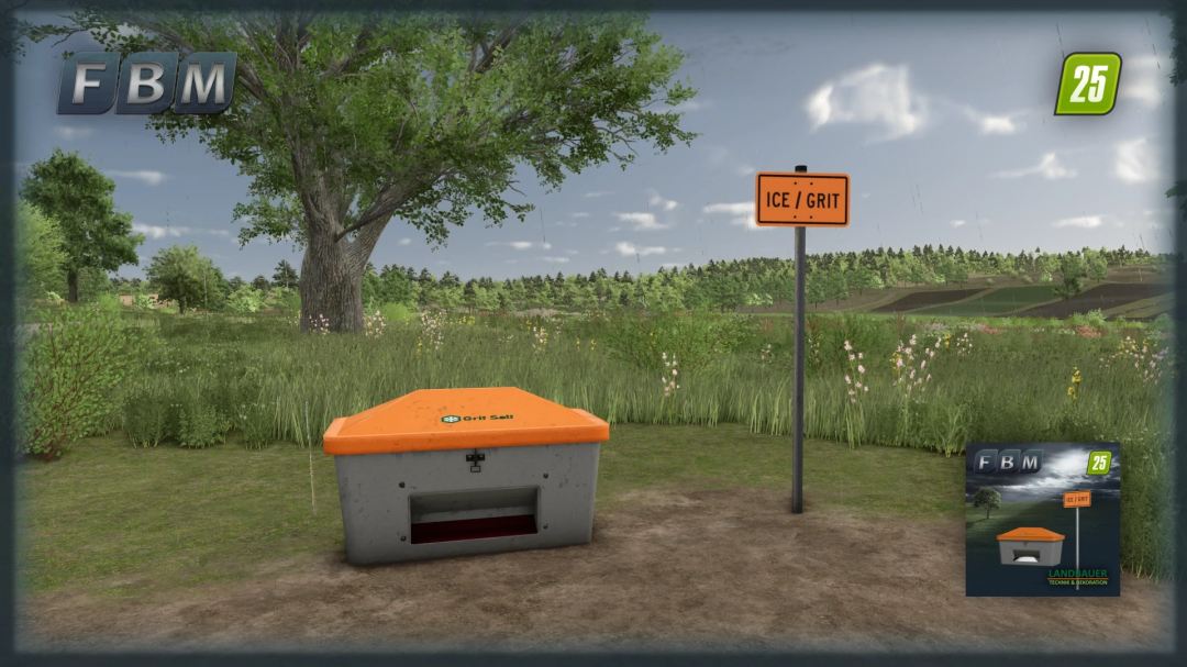 Road salt container mod in FS25 with ice/grit sign in a grassy landscape.