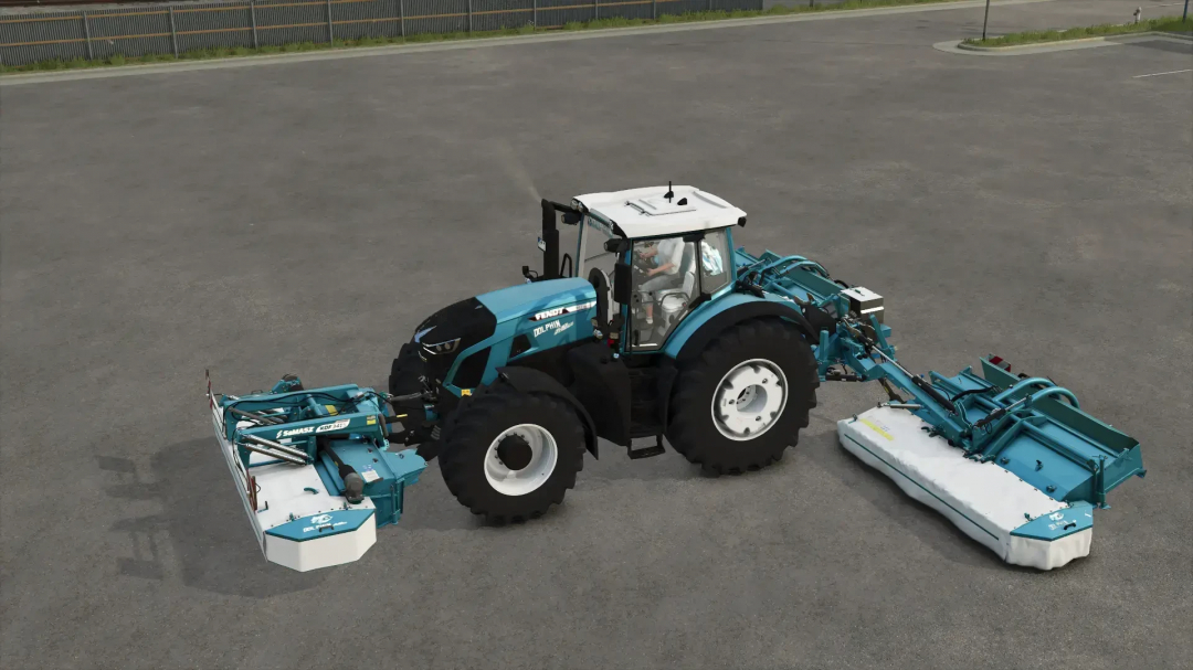 FS25 mod Samasz Pack Dolphin Edition v1.0.0.0 with tractor and attachments on asphalt surface.