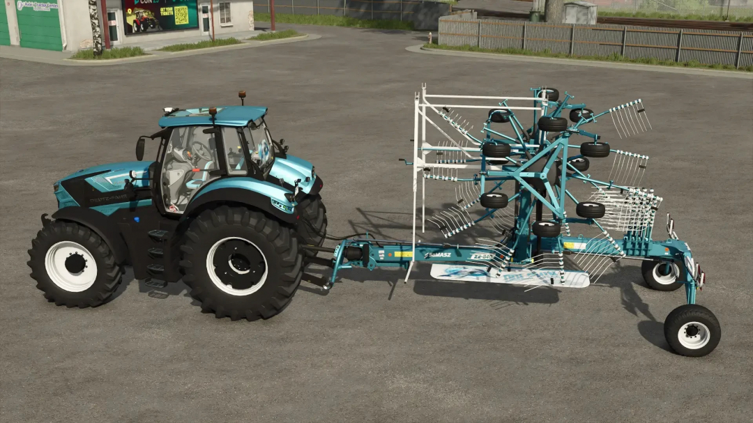 Samasz Schwader Z2840H Dolphin Edition mod in FS25 showing a tractor with a detailed rake attachment for Farming Simulator 25.