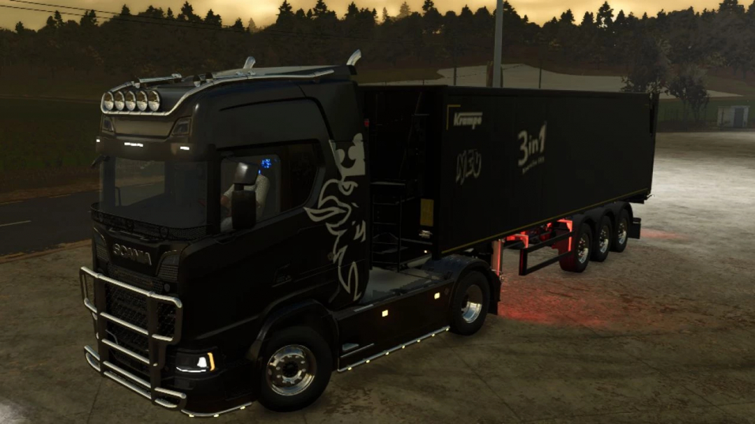 FS25 mod: Scania S v1.0.1.1 truck with black trailer at sunset, Farming Simulator 25.