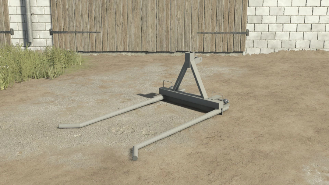 Self-made bale fork mod in FS25, showing simple metal frame design.