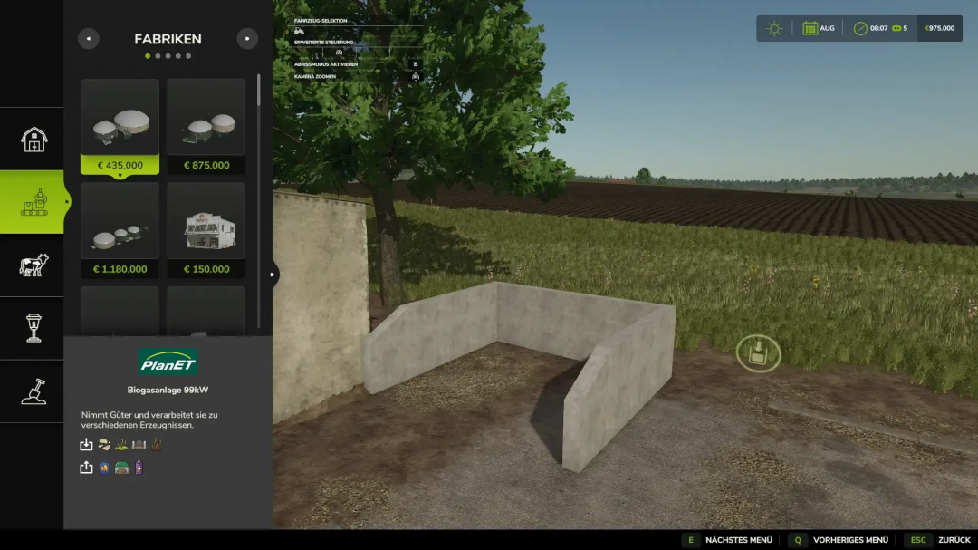 Image of a Small Manure Pile mod in FS25, showcasing a concrete structure on a farm with a price list for factories.