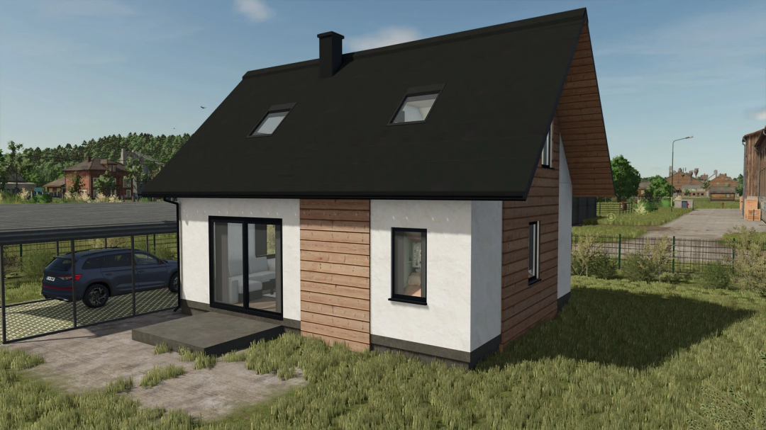 Small modern house in FS25 mod with carport, showcasing the new Farming Simulator 25 mod.