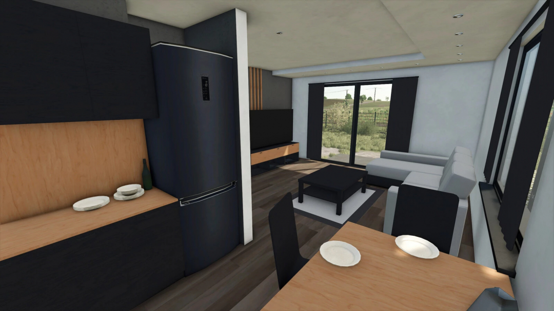 Interior of Small Modern House mod for FS25, featuring a kitchen and living area with modern furniture and large windows.