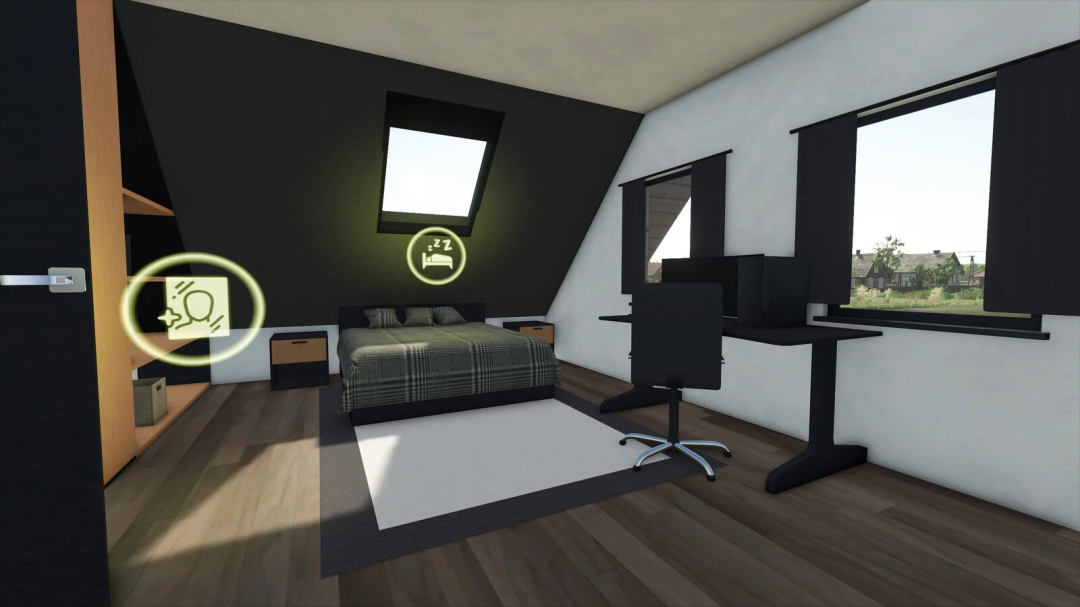 Interior of the Small Modern House v1.0.0.0 mod in FS25, featuring a bedroom with a bed, nightstands, and a computer desk by a window.