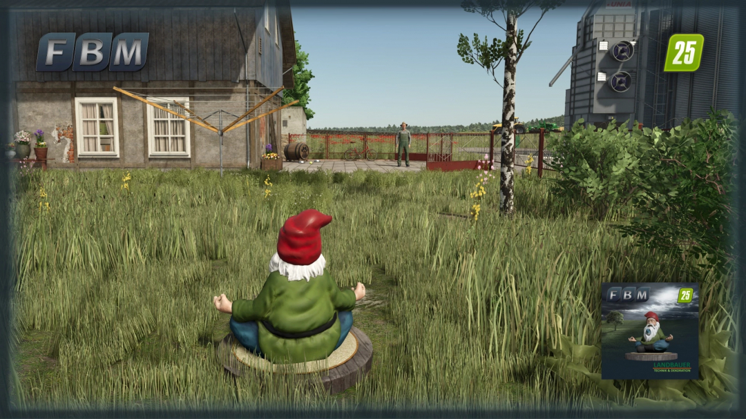 FS25 mod SpiritualGnome v1.0.0.0 features a garden gnome meditating in a lush farm setting with buildings and machinery in Farming Simulator 25.