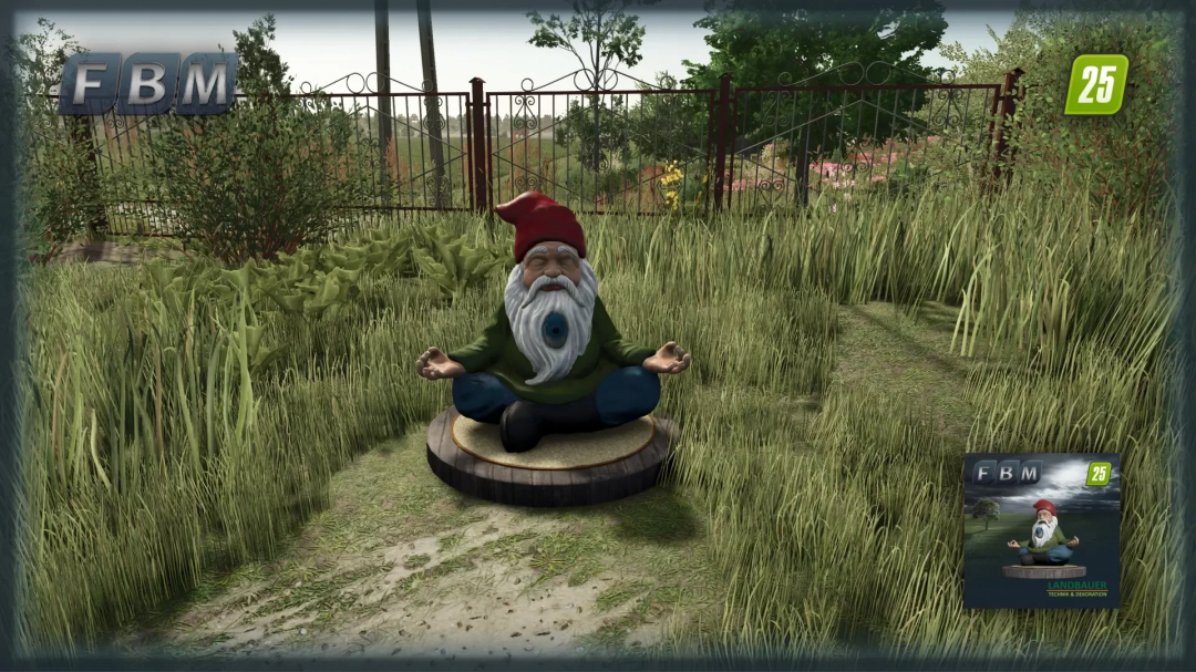 SpiritualGnome mod in FS25, showing a meditating gnome in a grassy field.