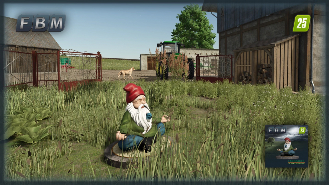 FS25 mod SpiritualGnome v1.0.0.0 shows a meditating gnome in a grassy farm setting.