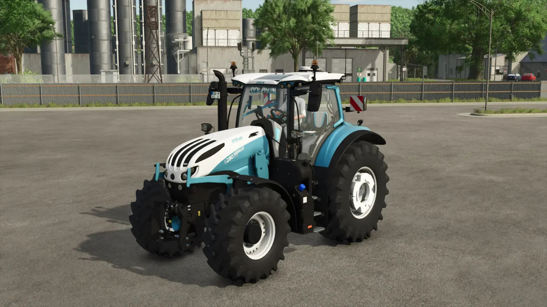 The Steyr Absolut Dolphin Edition tractor mod in FS25, featuring a sleek design, showcased in an industrial setting.