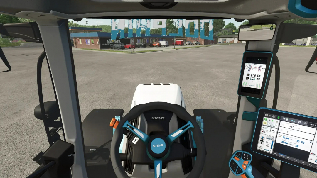 Inside view of Steyr Absolut Dolphin Edition tractor in Farming Simulator 25 mod, featuring detailed dashboard and steering.