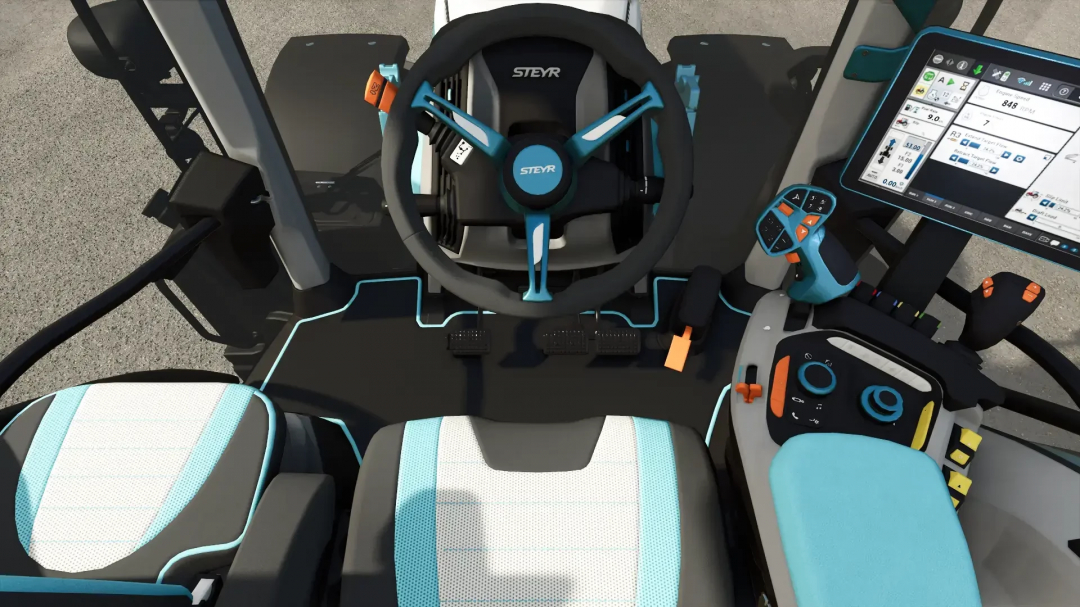 Interior of the Steyr Absolut Dolphin Edition in FS25 mod, showcasing the steering wheel and control panel with high-tech features.