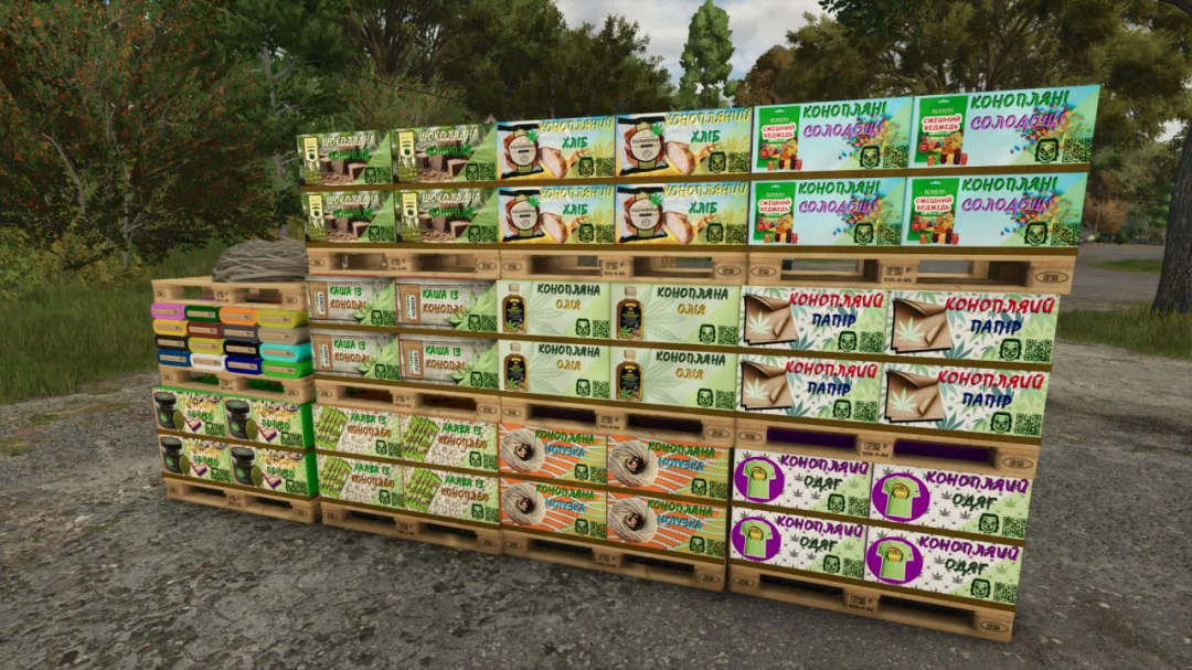 FS25 mods, Hemp production system pallets in Farming Simulator 25, showcasing various hemp products stacked outdoors.