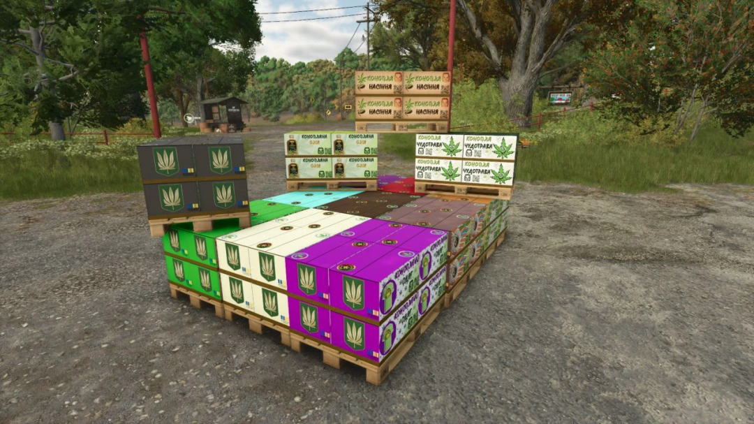 FS25 mods hemp production system scene with hemp product boxes on pallets.