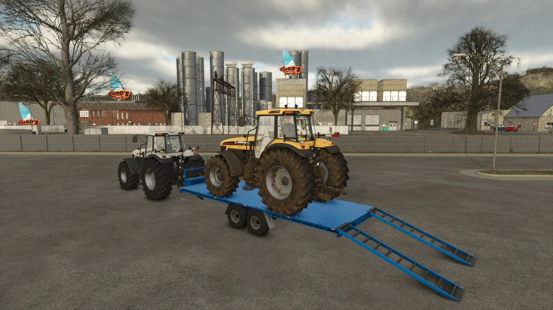 FS25 mod Tps-001 v1.0.0.0 showcasing a yellow tractor on a blue trailer in an industrial area.