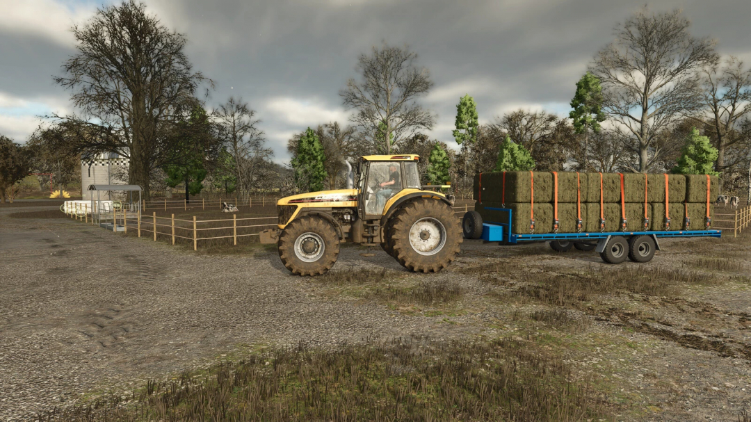 FS25 mod Tps-001 v1.0.0.0 showing tractor with hay trailer on farm