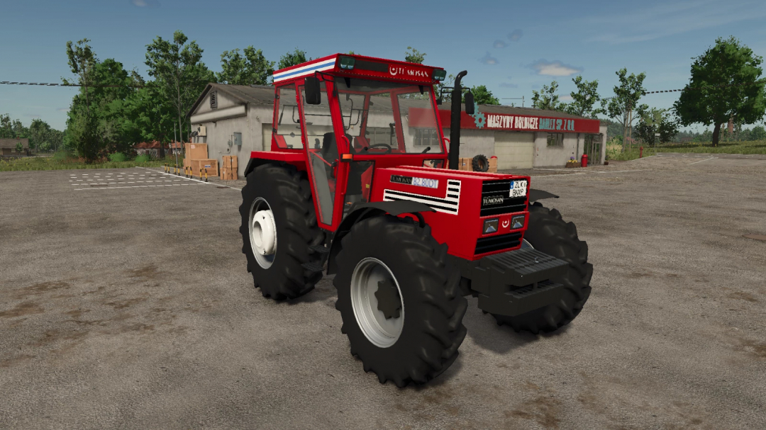 Tumosan 8280DT tractor mod in FS25, parked in a yard with greenery and building backdrop.