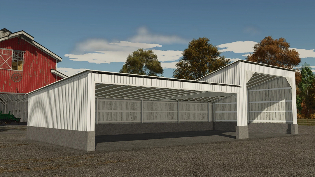 FS25 mod USA Carport v1.0.0.0 featuring a white metal carport next to a red barn in Farming Simulator 25.