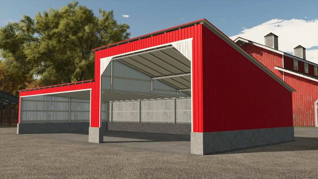 FS25 mods USA Carport v1.0.0.0 featuring a red metal structure with open bays and a rustic barn background.