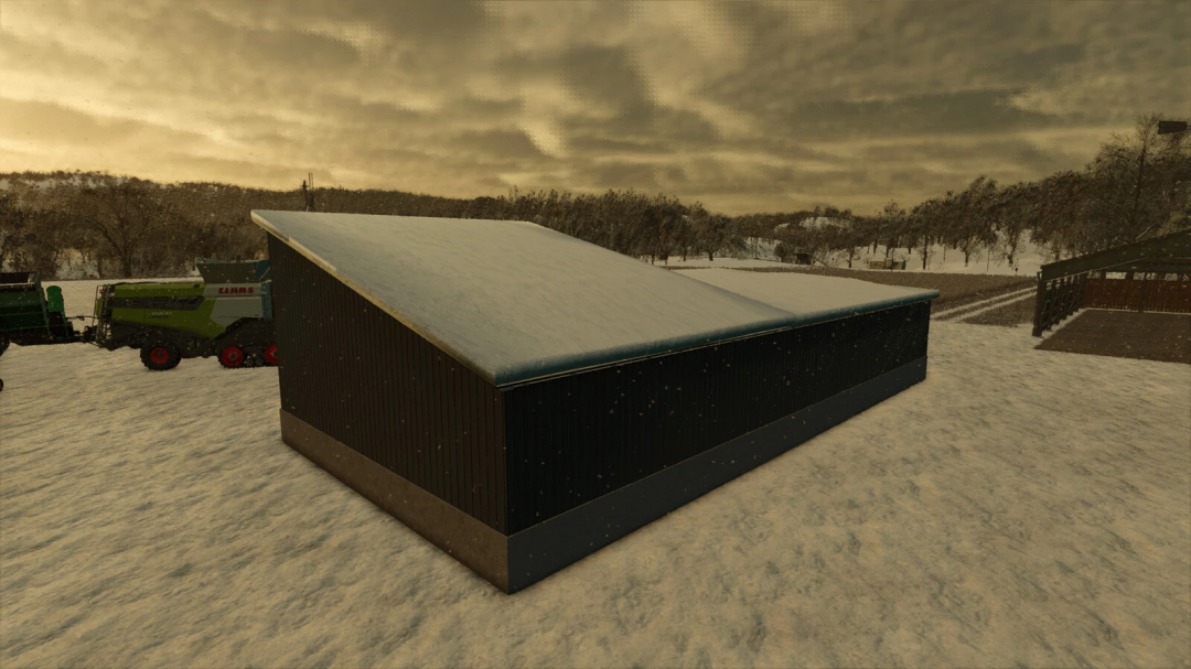 USA Carport mod in FS25, covered in snow with farm equipment nearby, in a winter landscape.