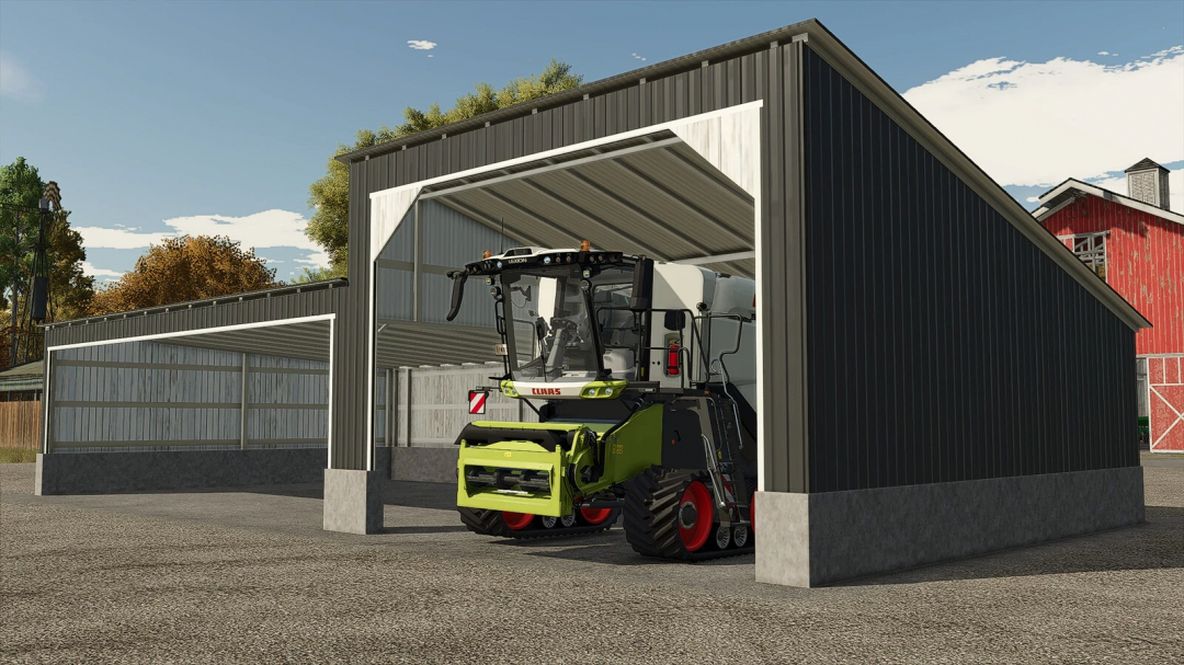 USA Carport mod in Farming Simulator 25 with a large harvester parked inside.