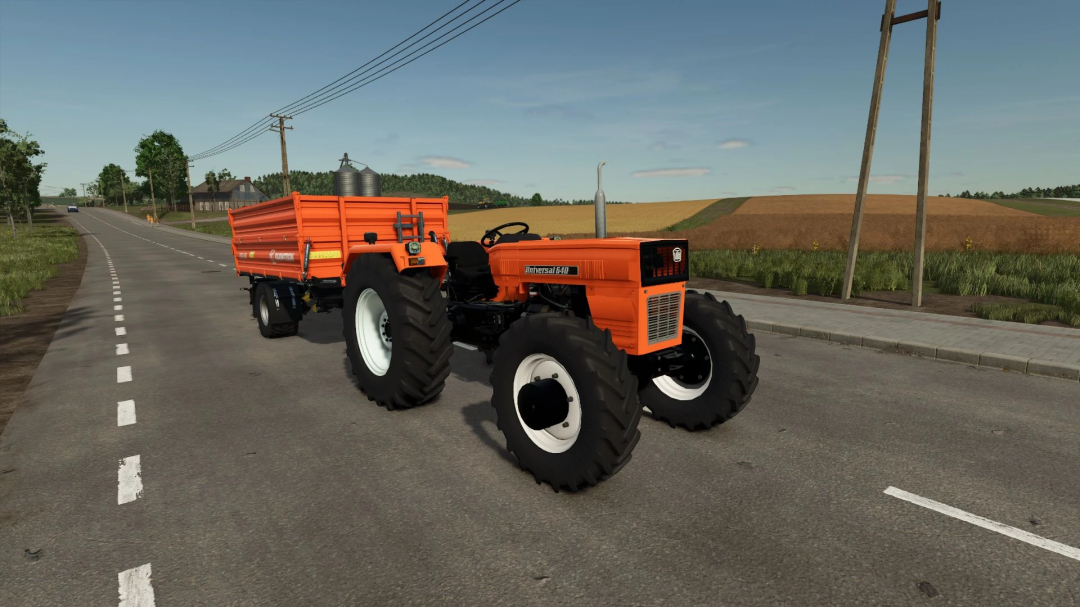 UTB U640 DTC tractor mod in Farming Simulator 25, with orange design and trailer on rural road.