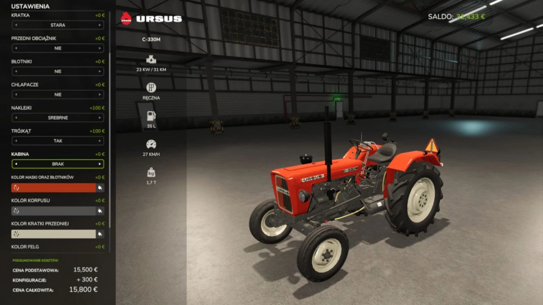 FS25 Ursus C330 tractor mod in a garage setting with customization menu open.