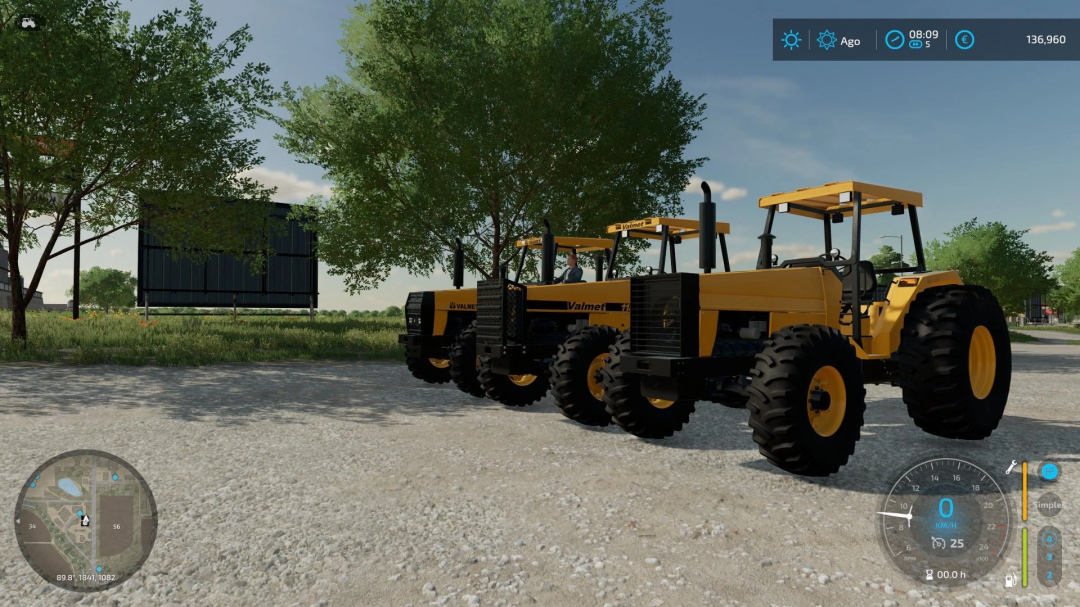 Three yellow Valmet 1180 tractors from 1993 mod displayed in Farming Simulator 25.