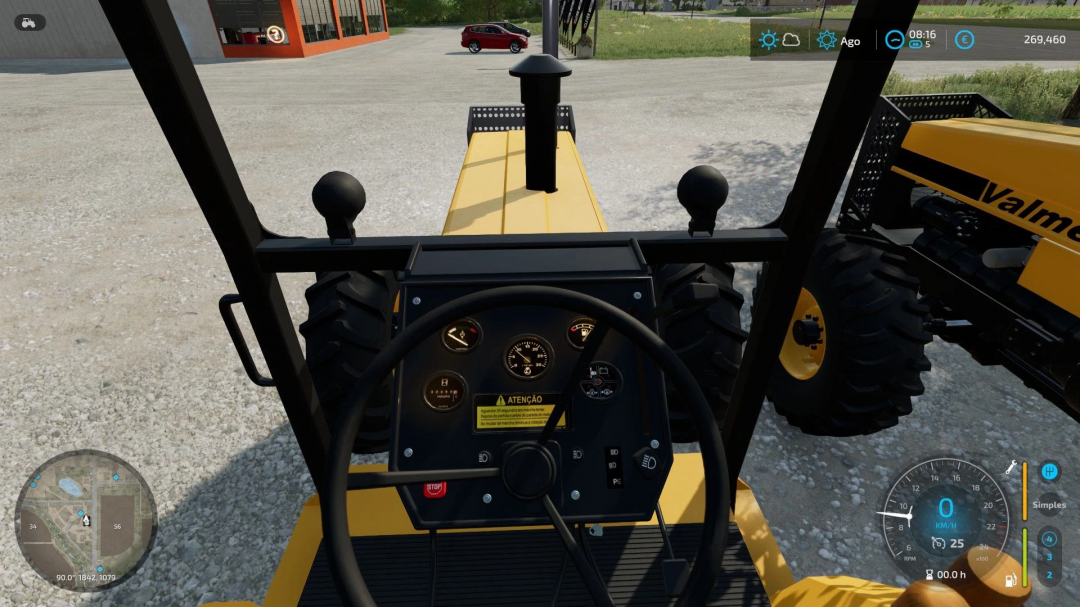 View from inside the Valmet 1180 1993 mod in Farming Simulator 25, showing dashboard and steering wheel.