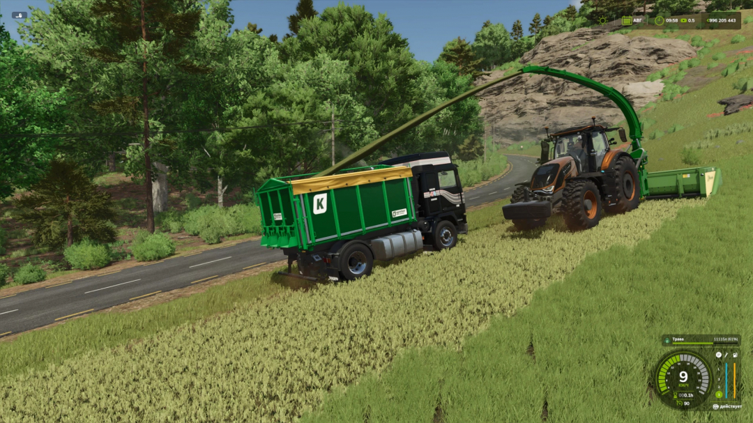 FS25 mod Volvo F16 V1.0.0.2 transporting crops with a tractor in a lush green field.