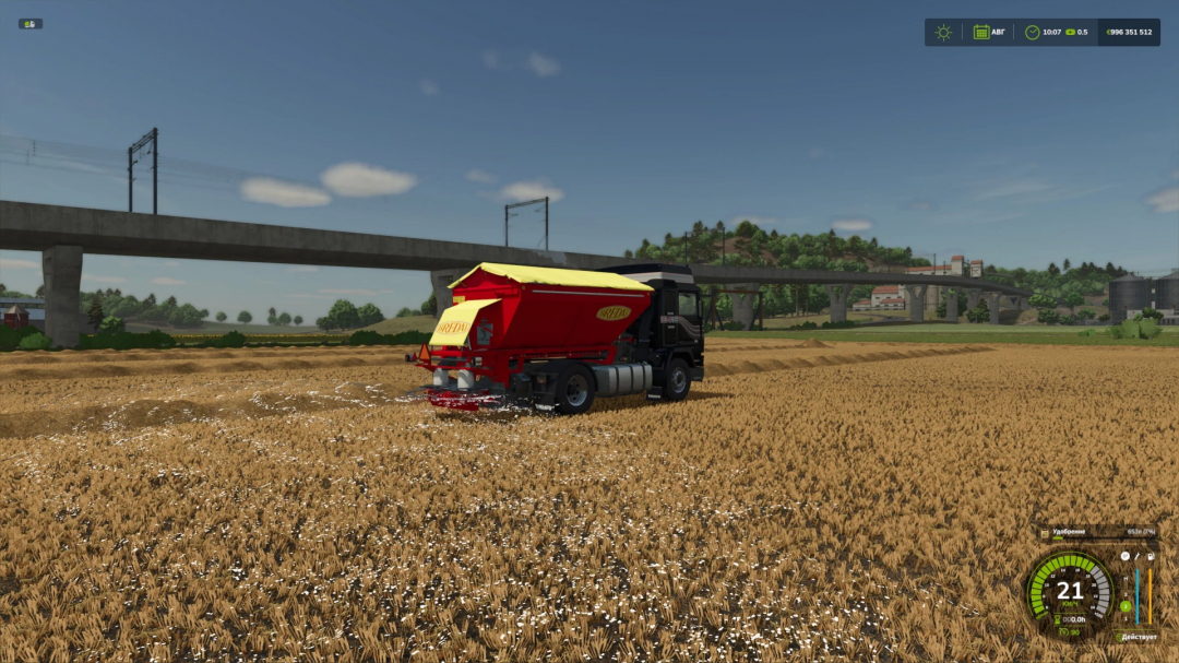 Volvo F16 truck mod spreading fertilizer on a wheat field in Farming Simulator 25.