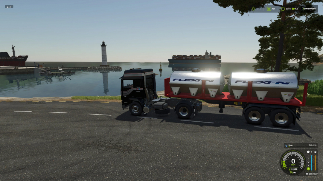 Volvo F16 truck with Flexi-N trailer mod in FS25, near a harbor with a lighthouse.