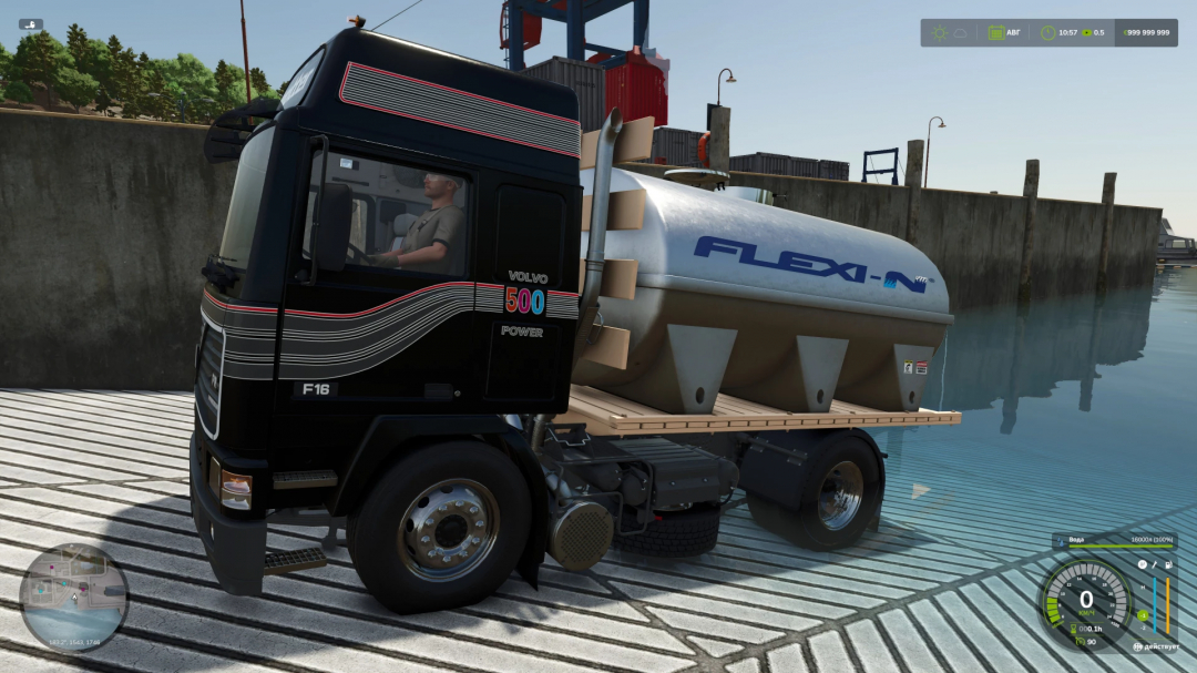 Volvo F16 truck in FS25 mod with FLEXI-N trailer by water in Farming Simulator 25.