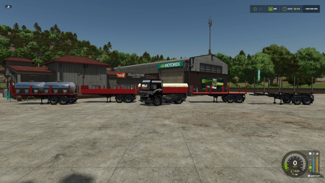 Volvo F16 truck with trailers at a workshop in Farming Simulator 25 mod, featuring FS25 mods.