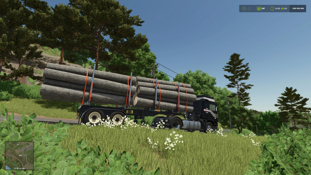 Volvo F16 truck transporting logs in FS25 mod scenery with lush greenery.