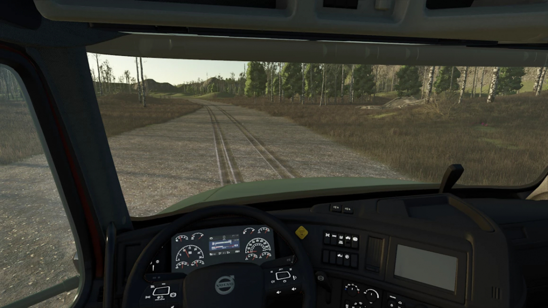 Interior view of Volvo VNX 300 Haul Truck mod in FS25, showing dashboard and rural landscape outside.