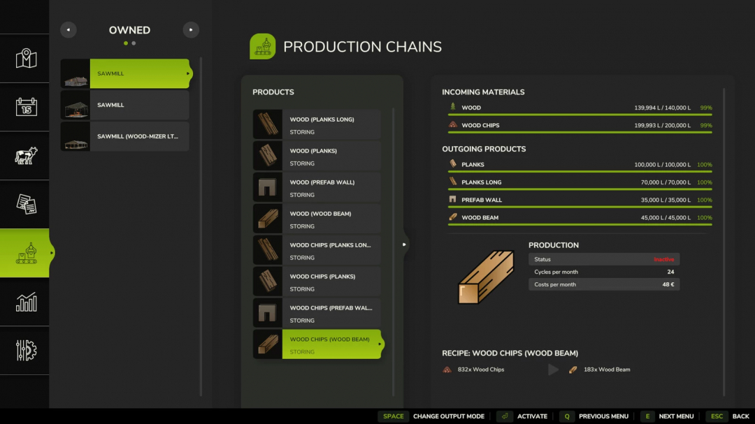 FS25 mod screen for Wood Chips Sawmill v1.0.0.0 showing production chains, materials, and products.