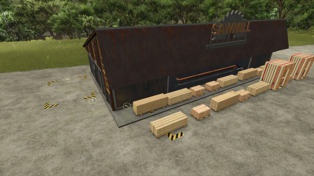 Wood Chips Sawmill mod for FS25 showing a sawmill with stacked lumber.