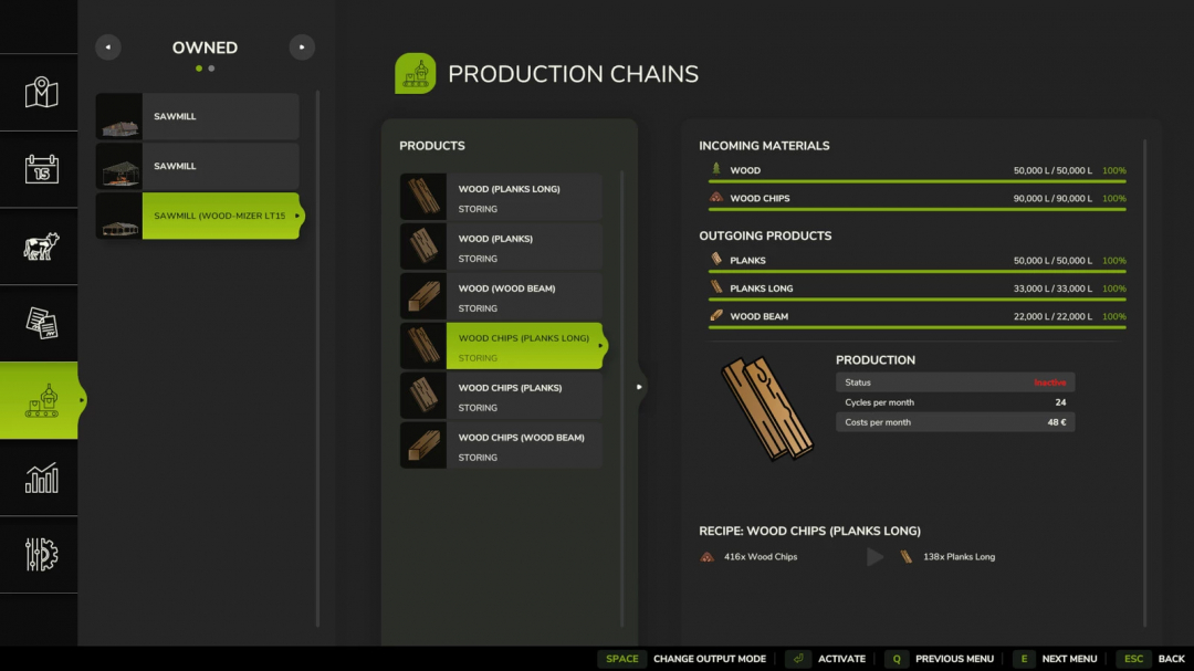 FS25 mods Wood Chips Sawmill interface showing production chains and materials.