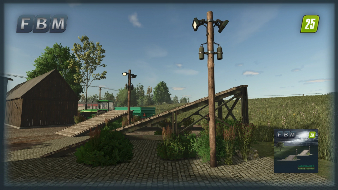 Wooden ramps in a farm setting for FS25 mod Wooden Ramps v1.0.0.0, featuring greenery and a barn.