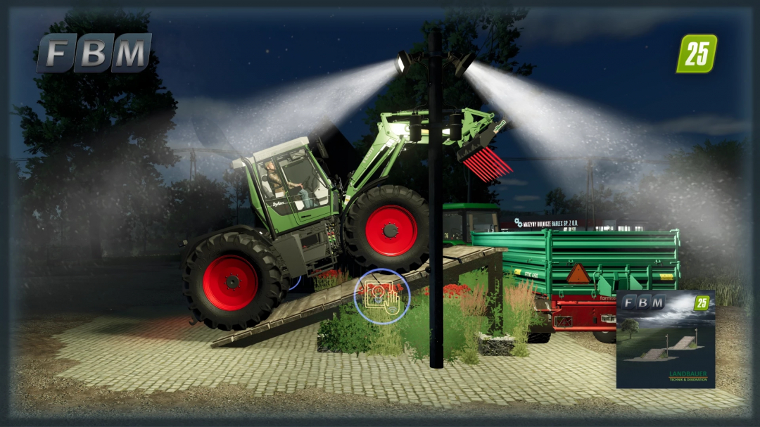 Farming Simulator 25 mod showing a tractor on wooden ramps under night lights.