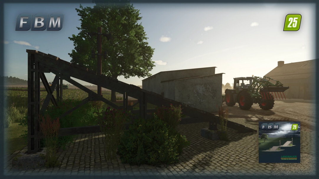 Wooden ramps in FS25 mod next to a tractor and building, featuring lush greenery and a clear sky.