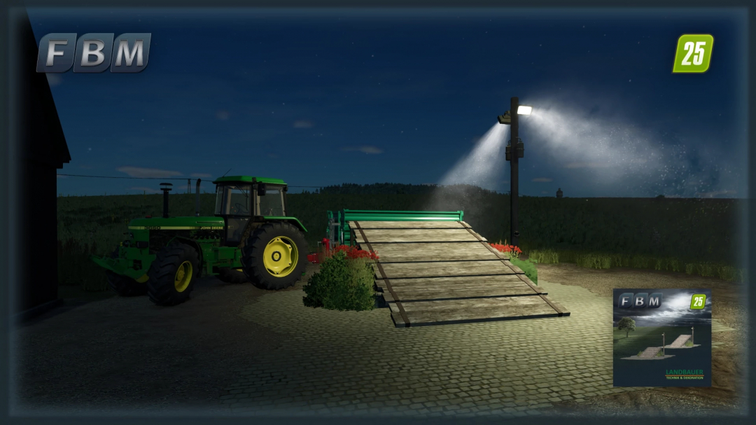 FS25 mod Wooden Ramps v1.0.0.0 featuring a tractor beside a wooden ramp under a streetlight at night.