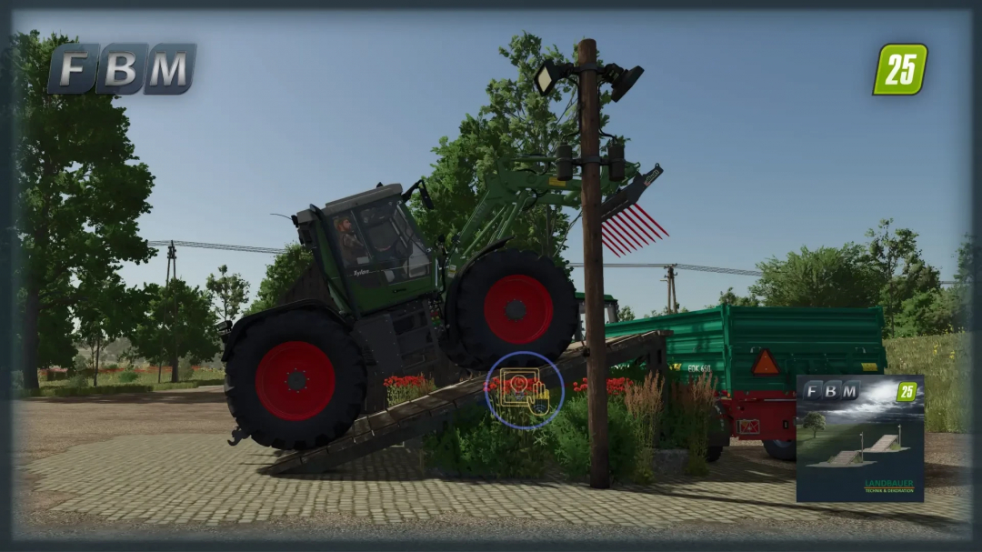 Tractor on wooden ramp mod in Farming Simulator 25.