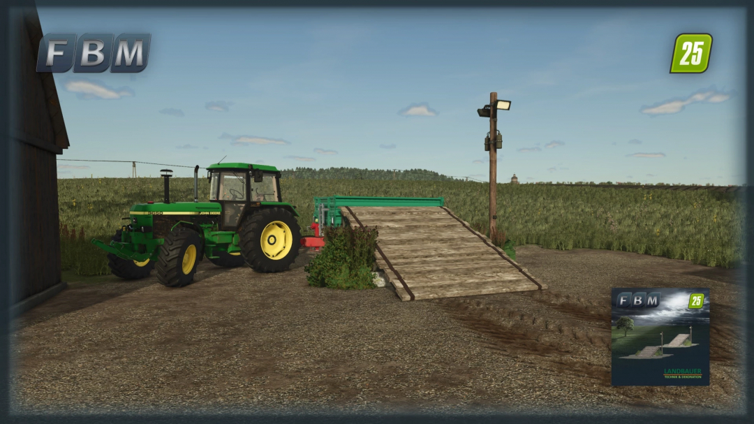 Wooden ramps in FS25 mod with a green tractor on a farm, illustrating Farming Simulator 25 mods.